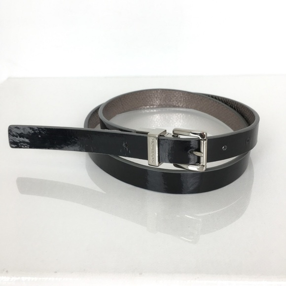 Michael Kors Thin Reversible Belt Black Patent Leather Silver Snakeskin Size L - Picture 3 of 14